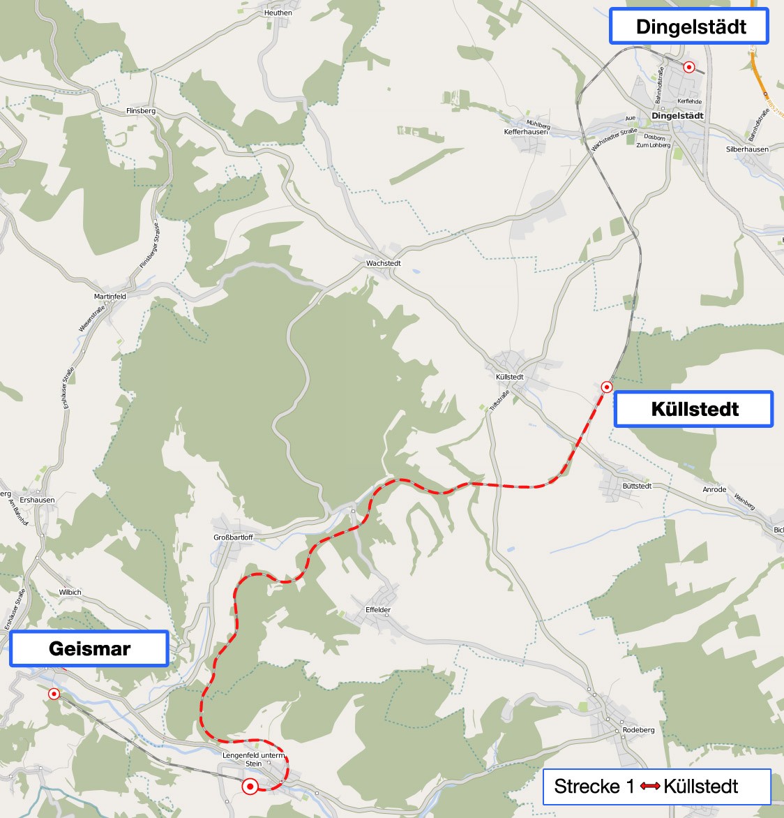 Streckenkarte 1: Lengenfeld nach Küllstedt, 26 km
